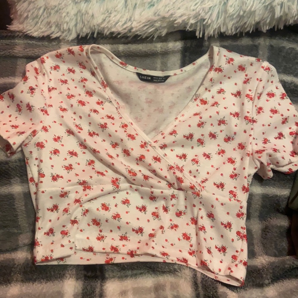 white and red flower blouse. v-neck; from shein